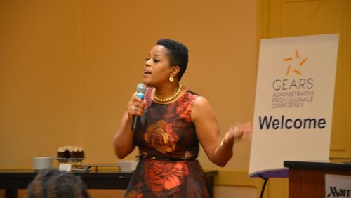Becky Davis, owner of the consulting firm MVPWork, speaking at a Gears administrative professionals conference. Davis is spokesperson and empowerment speaker for Coca-Cola’s 5 by 20 entrepreneurship initiative. CONTRIBUTED