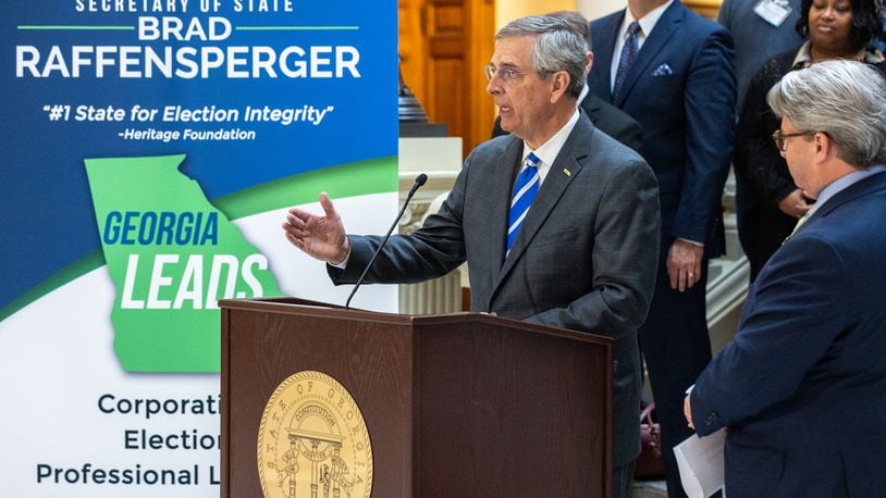 Georgia Secretary of State Brad Raffensperger speaks earlier this month about voter registration at the Capitol in Atlanta. (Arvin Temkar / arvin.temkar@ajc.com)
