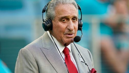 Atlanta Falcons owner Arthur Blank watches the team warm up before a preseason exhibition game Saturday Aug. 21, 2021, against the Miami Dolphins in Miami Gardens, Fla. (Lynne Sladky/AP)