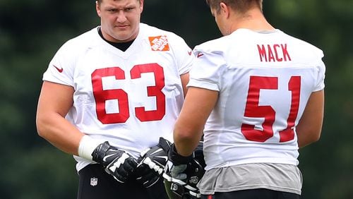 Falcons rookie first-round draft pick Chris Lindstrom consults with veteran center Alex Mack during the just concluded minicamp at Flowery Branch. (Curtis Compton/ccompton@ajc.com)