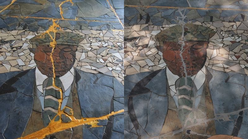 The photo on the left shows part of the Blind Willie McTell mosaic as it appeared last summer, after it had been moved and repaired by the artist, using gold-colored resin in the seams. The photo on the right shows the mosaic today, after a conservator modified the mosaic. Photos: Brad Boothe