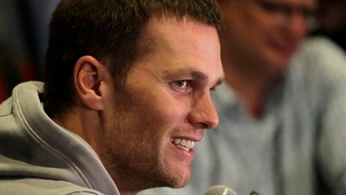 New England Patriots quarterback Tom Brady does an interview during a media availability for the NFL Super Bowl 51 football game Wednesday, Feb. 1, 2017, in Houston. The Patriots will face the Atlanta Falcons in the Super Bowl Sunday. (AP Photo/Charlie Riedel)