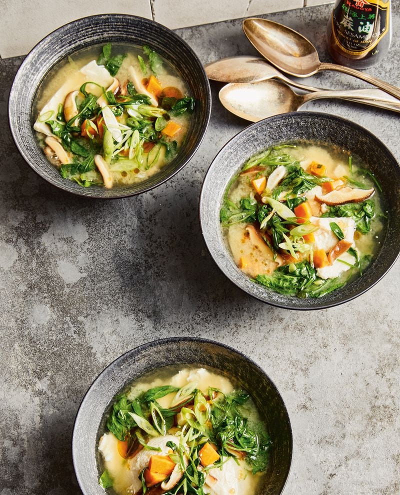 Shiitake, Sweet Potato, and Tofu Soup with Miso. Reprinted from "Dinner in One." Copyright © 2022 by Melissa Clark. Photographs copyright © 2022 by Linda Xiao. Published by Clarkson Potter, an imprint of Random House.
