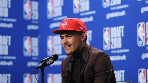 Trae Young speaks to the media after being selected fifth overall at the 2018 NBA Draft on June 21, 2018 at the Barclays Center in Brooklyn, New York.
