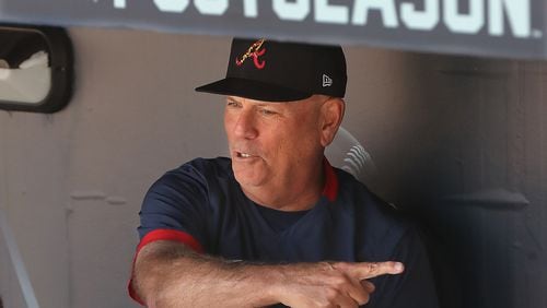 Braves manager Brian Snitker prepares his team to play the Dodgers in Game 3 of the NLCS Tuesday, Oct. 19, 2021, in Los Angeles. (Curtis Compton / Curtis.Compton@ajc.com)