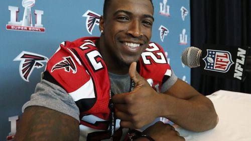 Thumbs up, youngster - Falcons safety Keanu Neal gives a big okey-dokey to Wednesday's media interview session. (Curtis Compton/ccompton@ajc.com)