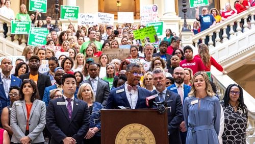 Georgia state Rep. James Beverly, D-Macon, speaks at a press conference called by Democratic lawmakers at the Capitol in Atlanta on Wednesday, May 10, 2023. Lawmakers are urging Gov. Brian Kemp to call a special legislative session on gun violence. (Arvin Temkar / arvin.temkar@ajc.com)