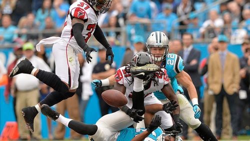 CHARLOTTE, NC - NOVEMBER 05: Desmond Trufant #21 of the Atlanta Falcons breaks up a pass intended for Russell Shepard #19 of the Carolina Panthers during their game at Bank of America Stadium on November 5, 2017 in Charlotte, North Carolina.  (Photo by Grant Halverson/Getty Images)