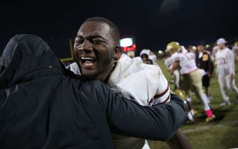 Brookwood linebacker Amir Berry (7) celebrates their win against Parkview at Parkview High School Friday, October 20, 2017, in Lilburn, Ga.. Brookwood won 30-27. PHOTO / JASON GETZ