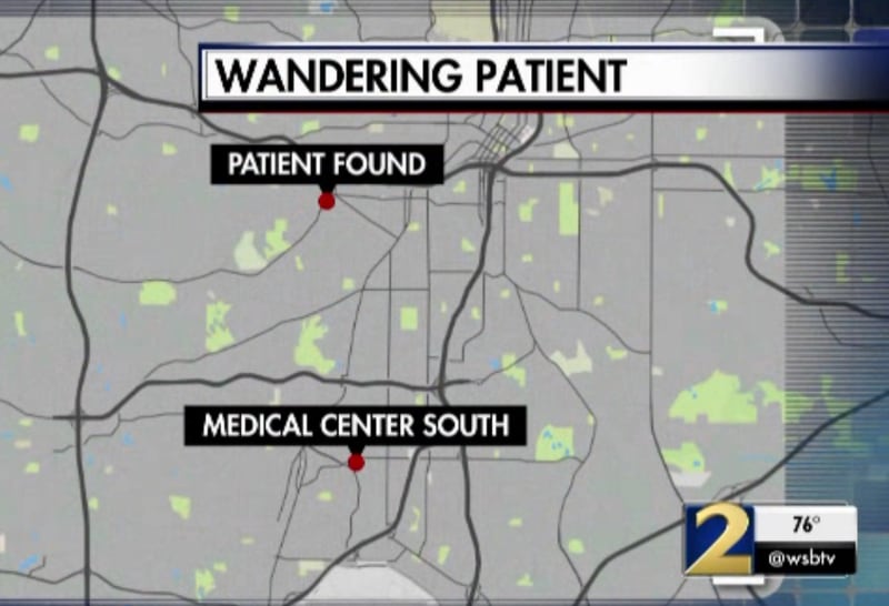 This is a map that shows the location of the Wellstar Atlanta Medical Center South in comparison to where Paul Smith was located nearly 24 hours after wandering away from the hospital. (Credit: Channel 2 Action News)