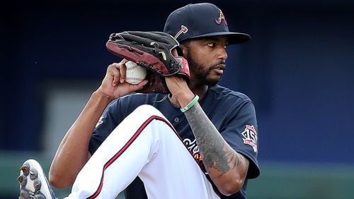 Braves reliever Carl Edwards Jr. delivers during live batting practice at spring training Feb. 24, 2021, at CoolToday Park in North Port, Fla. (Curtis Compton / Curtis.Compton@ajc.com)