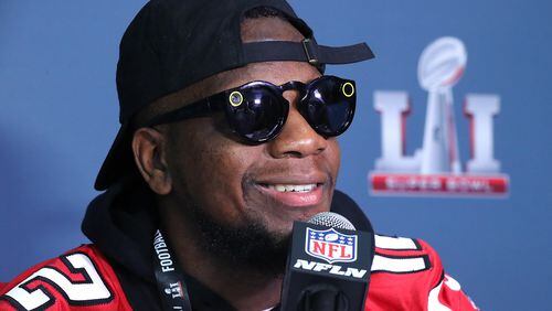 February 2, 2017, Houston: Falcons wide receiver Mohamed Sanu sports a pair of snap chat spectacles while giving interviews at Super Bowl media availability at Memorial City Mall ice arena on Wednesday, Feb. 1, 2017, in Houston.    Curtis Compton/ccompton@ajc.com
