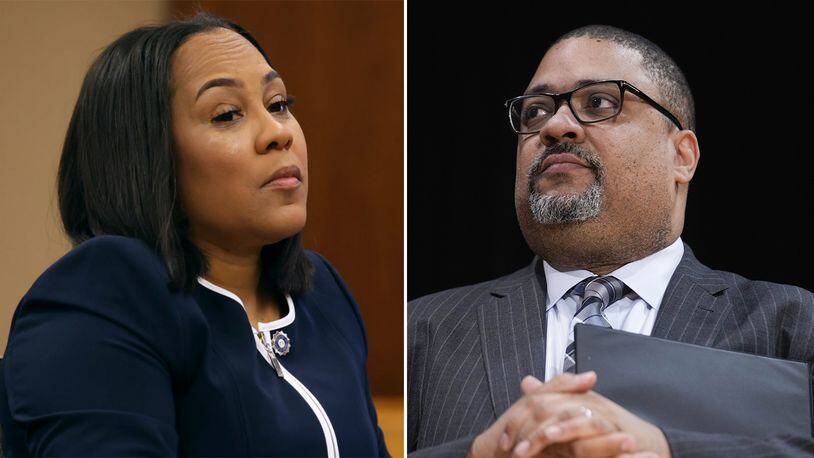 The offices of Fulton County District Attorney Fani Willis and Manhattan District Attorney Alvin Bragg are each nearing decisions on whether to indict former President Donald Trump in separate cases. (Miguel Martinez/miguel.martinezjimenez@ajc.com & Seth Wenig/AP file)