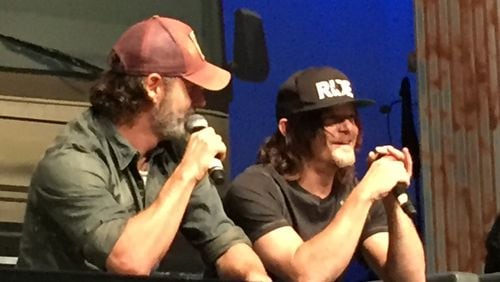 Norman Reedus (right) joins Andrew Lincoln on his Sunday morning panel at Walker Stalker Con. CREDIT: Rodney Ho/rho@ajc.com