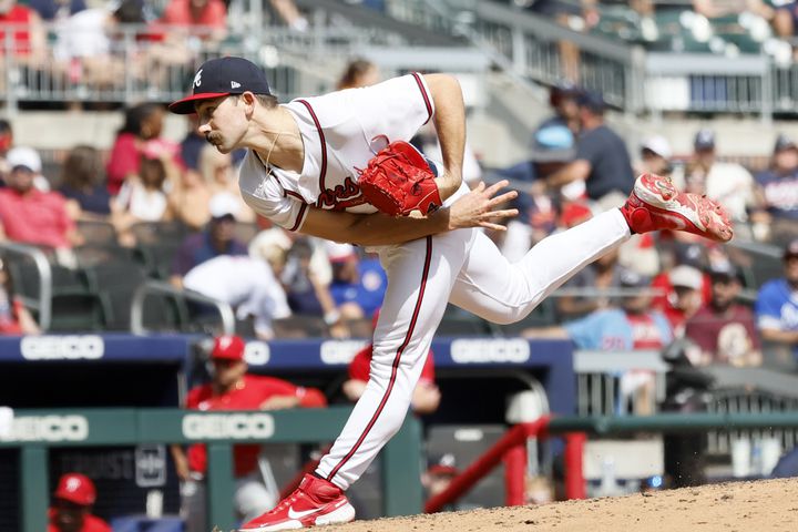 Braves starting pitcher Spencer Strider reached the 200-strikeout mark in Sunday’s 5-2 win against the Phillies at Truist Park. (Miguel Martinez / miguel.martinezjimenez@ajc.com)