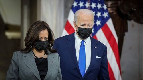 President Joe Biden and Vice President Kamala Harris will visit Atlanta on Tuesday to talk about the need for voting legislation now before Congress. (Drew Angerer/Pool/AFP via Getty Images/TNS)
