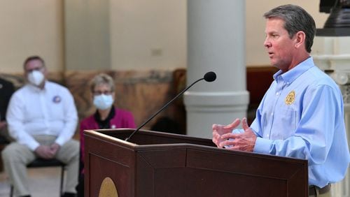 Gov. Brian Kemp speaks during a press briefing to update on COVID-19 at the Georgia State Capitol on Tuesday, May 12, 2020. HYOSUB SHIN / HYOSUB.SHIN@AJC.COM