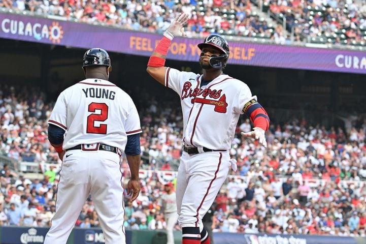Atlanta Braves' Ronald Acuna Jr. reacts after hitting a single during the fourth inning of game one of the baseball playoff series between the Braves and the Phillies at Truist Park in Atlanta on Tuesday, October 11, 2022. (Hyosub Shin / Hyosub.Shin@ajc.com)