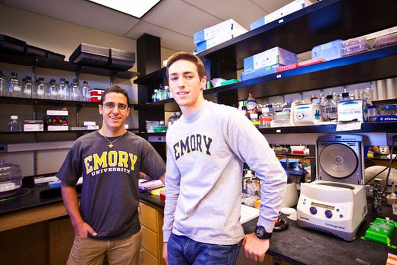 Emory students Rostam Zafari (left) and Brian Goldstone (right) worked together to develop Rapid Ebola Detection Strip (REDS) — a user-friendly approach to detecting Ebola in the field.