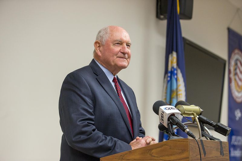 United States Secretary of Agriculture Sonny Perdue speaks with media during a presser following a tour of the U.S. Department of Agriculture's National Detector Dog Training Facility in Newnan, Friday, April 5, 2019.  (ALYSSA POINTER/ALYSSA.POINTER@AJC.COM)