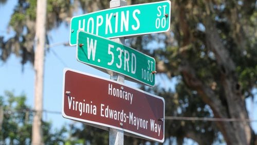 A sign designating a portion of Hopkins Street as Virginia Edwards-Maynor Way can be seen in front of the former George W. DeRenne Middle School, where Edwards-Maynor served as principal. The sign was unveiled during a special ceremony on Tuesday, August 8, 2023.