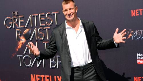 Retired NFL player Rob Gronkowski poses at "The Greatest Roast of All Time: Tom Brady" at the Kia Forum, Sunday, May 5, 2024, in Inglewood, Calif. (AP Photo/Chris Pizzello)