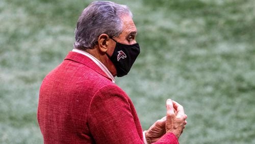 Atlanta Falcons owner Arthur Blank takes the field as the fourth quarter winds down Sunday, Nov. 8, 2020, at Mercedes-Benz Stadium in Atlanta. The Falcons beat the Broncos, 34-27, for their third win of the season. (Alyssa Pointer / Alyssa.Pointer@ajc.com)