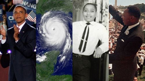 August 28 events in black history: Sen. Barack Obama accepts the Democratic presidential nomniation in 2008; Hurricane Katrina makes landfall in 2005; Emmitt Till is killed in 1955; and the March on Washington occurs in 1963. (Chuck Kennedy/Getty Images; NOAA via Getty Images; AP file)