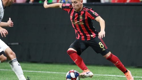 October 24, 2019 Atlanta: Atlanta United midfielder Ezequiel Barco works against Philadelphia in the Eastern Conference semifinals of the MLS playoffs on Thursday, October 24, 2019, in Atlanta.   Curtis Compton/ccompton@ajc.com