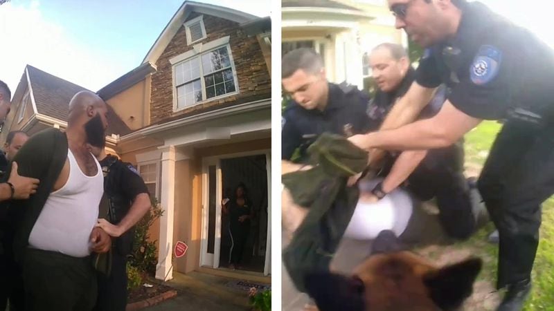 Travis Moya is taken into custody by Alpharetta police officers at his home. Moya, charged with felony obstruction, was bitten by a police dog. (Images from Alpharetta police video)