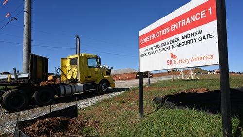 SK Battery America's planned electric vehicle supplier plant in Georgia is just up the road from Rivian's planned EV plant, but Rivian might bypass SK as a supplier. File photo of SK's construction site in Commerce on September 30, 2020. (Hyosub Shin/Atlanta Journal-Constitution/TNS)