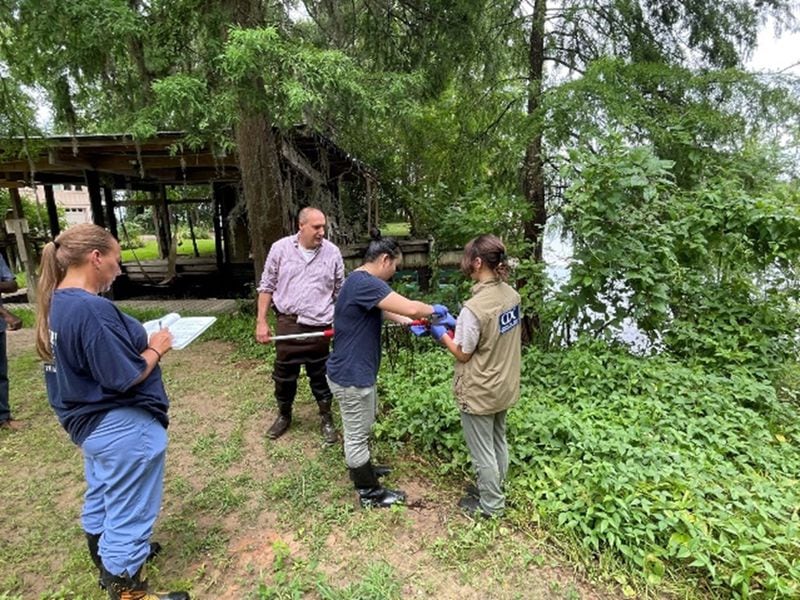 From left, Nurse Epidemiologist Jennifer Hanson, State Epidemiologist Paul Byers, LLS fellow Maureen Ty, and EIS officer Julia Petras collect and document environmental samples during the melioidosis investigation in the Mississippi Gulf Coast region in June 2022.
CONTRIBUTED BY CDC