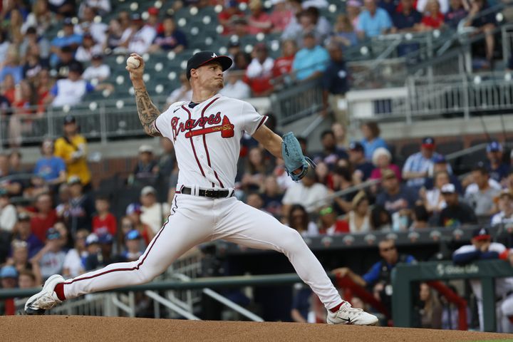 Braves starting pitcher AJ Smith-Shawver (62) delivers to a Rockies batter at Truist Park on Thursday, June 15, 2023, in Atlanta. The Braves won 8-3 and Smith-Shawver got the win. 
Miguel Martinez / miguel.martinezjimenez@ajc.com 
