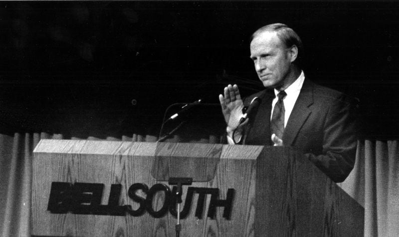 May 16, 1985 - John Clendenin speaks to the annual shareholders meeting of BellSouth. (Nick Arroyo/AJC Staff)