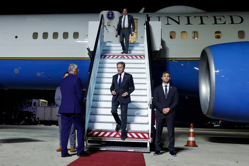 U.S. Secretary of State Antony Blinken is welcomed by U.S. Ambassador to Israel Jacob Lew, as he arrives at Ben Gurion Airport near Tel Aviv, Israel, Tuesday, April 30, 2024. (Evelyn Hockstein/Pool Photo via AP)