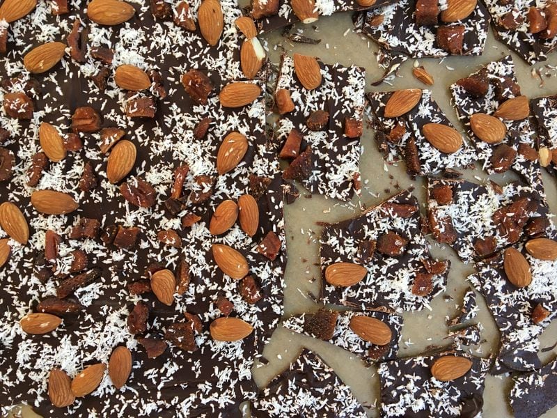 This recipe for dark chocolate bark includes almonds, dried strawberries and shredded coconut, but you can swap them out for your favorite toppings. CONTRIBUTED BY KELLIE HYNES