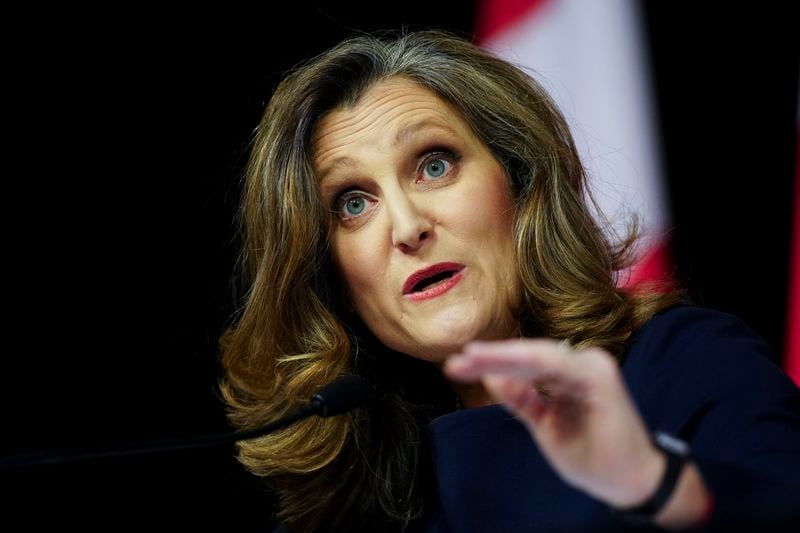 Deputy Prime Minister and Minister of Finance Chrystia Freeland holds a press conference in the media-lockup prior to tabling the Federal Budget in Ottawa, Ontario, on Tuesday, April 16, 2024. (Sean Kilpatrick/The Canadian Press via AP)
