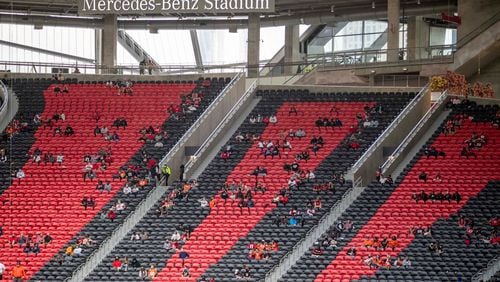 Fans are seated socially distanced as the Atlanta Falcons take on the Denver Broncos at Mercedes-Benz Stadium on Nov. 8, 2020, in Atlanta (Alyssa Pointer/Alyssa.Pointer@ajc.com)