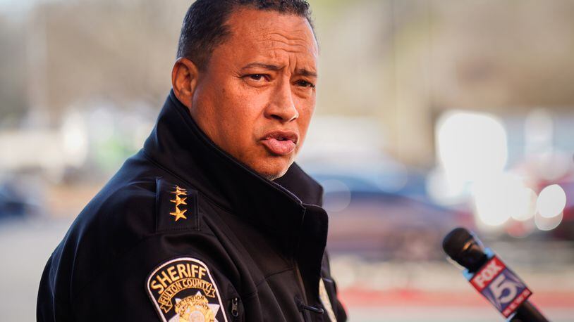 Fulton county sheriff Labat gives an update to the media regarding the shooting death of a Fulton county deputy sheriff.  Thursday, December 29th 2022 (Ben Hendren for the Atlanta Journal-Constitution)