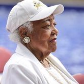 Naomi King, sister-in-law of the Rev. Dr. Martin Luther King Jr., attends a wreath-laying ceremony on the 55th anniversary his assassination at the King Center Monday, April 4, 2023. (Natrice Miller/natrice.miller@ajc.com)