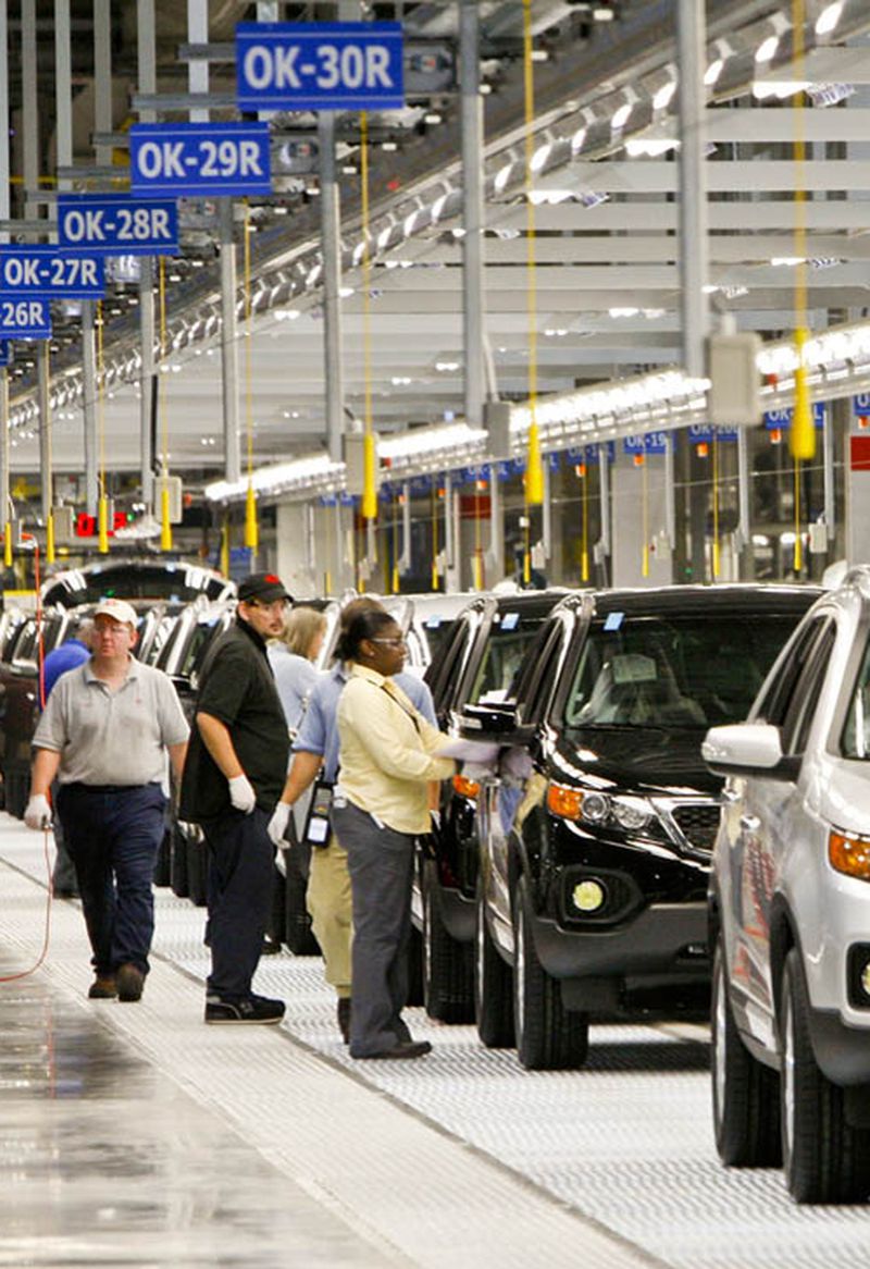 2011 Kia Sorento vehicles travel along the assembly line in a Kia automobile manufacturing facility in West Point, Georgia, U.S., in this undated handout photograph supplied to the media on Feb. 26, 2010. Kia Motors Corp. opened its first U.S. auto-assembly plant, a $1 billion factory in Georgia, as the Hyundai Motor Co. affiliate seeks to lure customers from struggling Toyota Motor Corp. Source: Kia Motors via Bloomberg EDITOR'S NOTE: NO SALES. FOR EDITORIAL USE ONLY