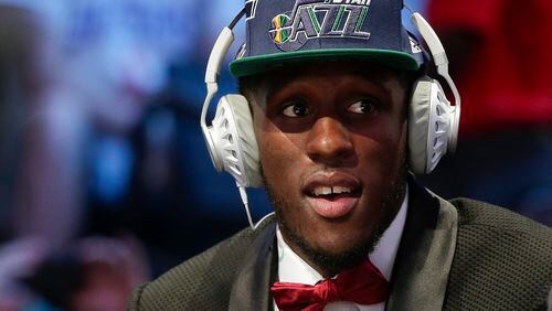 Taurean Prince answers questions during an interview after being selected 12th overall by the Utah Jazz during the NBA basketball draft, Thursday, June 23, 2016, in New York. (AP Photo/Frank Franklin II)