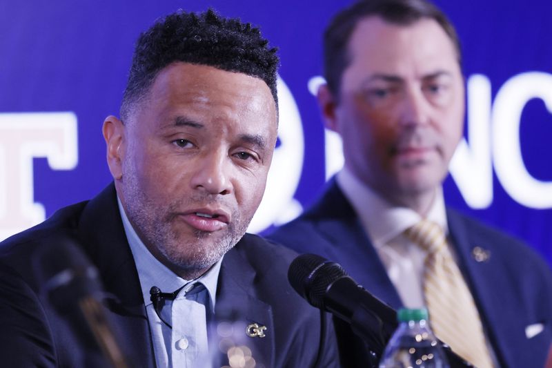 New Georgia Tech head basketball coach Damon Stoudamire addresses the media during his introductory news conference on Tuesday, March 14, 2023.Miguel Martinez /miguel.martinezjimenez@ajc.com