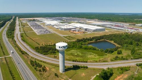 Aerial photo shows Kia Motors' US Assembly Plant in West Point on Wednesday, May 11, 2022. Georgia is poised to announce its second electric vehicle plant, a massive assembly complex by Hyundai Motor Group, that could bring with it 8,500 jobs to a site near Savannah, people familiar with the matter have told The Atlanta Journal-Constitution. (Hyosub Shin / Hyosub.Shin@ajc.com)