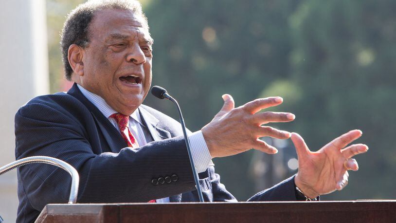 Former Ambassador Andrew Young, speaking during the dedication of a Georgia Historical Marker to the 1996 Summer Olympic Games in Centennial Olympic Park in Atlanta on Nov. 1, 2016, was recently given the Positive Aging Icon Image Award by by LeadingAge Georgia. PHIL SKINNER / SPECIAL