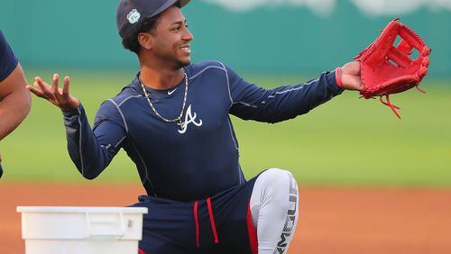 February 15, 2017, Lake Buena Vista, FL: Braves infielder Ozzie Albies gets an early start at spring training in Champion Stadium as the Braves pitchers and catchers prepare to hold their first workout on Wednesday Feb. 15, 2017, at the ESPN Wide World of Sports in Lake Buena Vista. Curtis Compton/ccompton@ajc.com