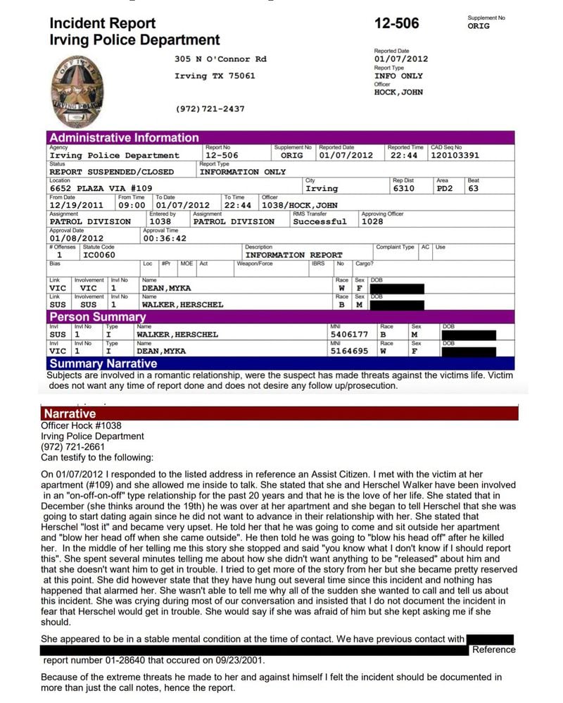 A January 2012 police report documents threats that Herschel Walker allegedly leveled at Myka Dean, who said she had been in a 20-year romantic relationship with him.