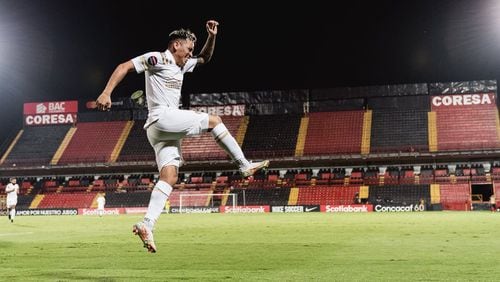 Atlanta United's Ezequiel Barco celebrates after scoring in his team's Champions League game at Alajuelense in Costa Rica on Tuesday.