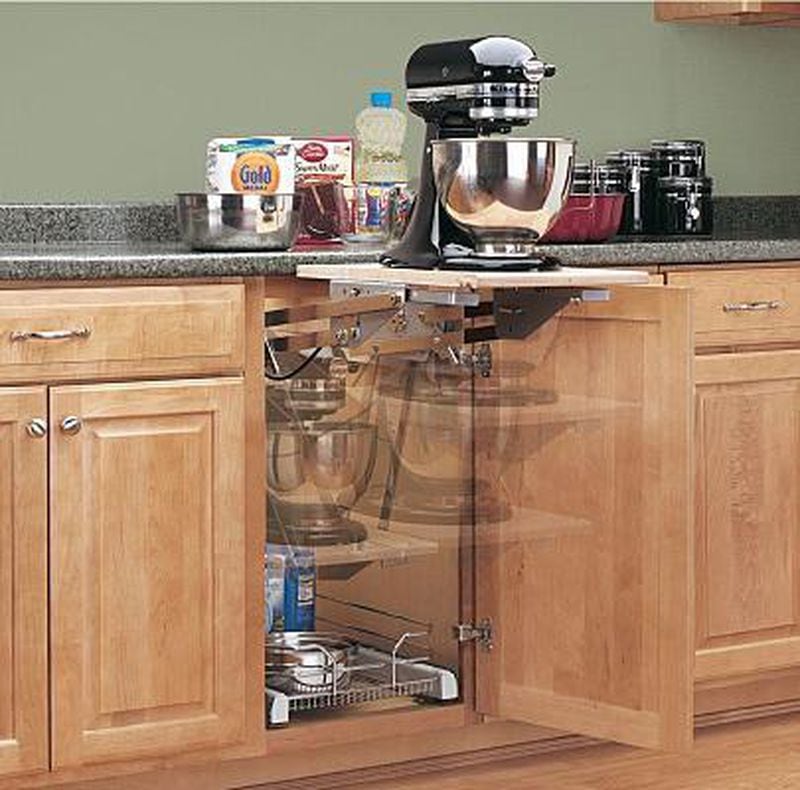 Temporary counter space, like this Rev-A-Shelf from Home Depot, can help de-clutter your counter tops.
