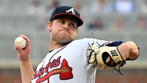 Braves starting pitcher Bryce Elder (55) delivers a pitch against Los Angeles Dodgers during the first inning at Truist Park, Wednesday, May 24, 2023, in Atlanta. (Hyosub Shin / Hyosub.Shin@ajc.com)